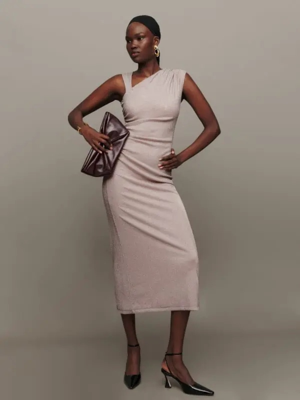 Reformation One-Shoulder Midi Dress in Dusty Rose